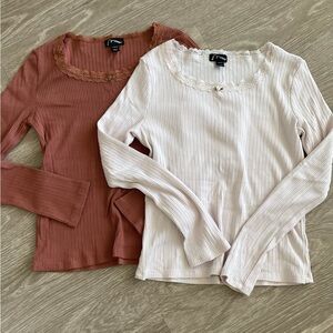art class Long Sleeve Ribbed Tops - Brown and Cream